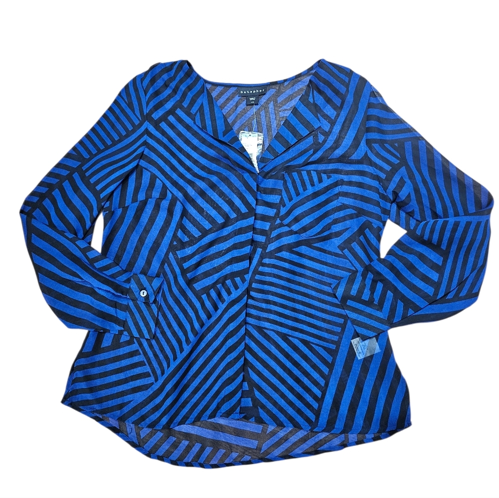 Metaphor Blue Black Stripe Geometric Sheer Long Sleeve Blouse Large NWT - Picture 2 of 7